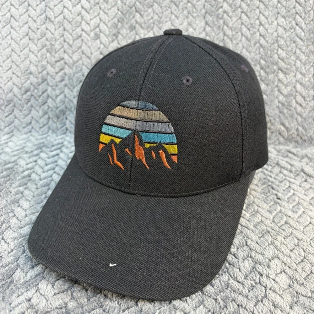 Mountain Sunset Embroidered Black Snapback Hat Baseball Cap Mens Adjustable